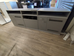 Comptoir d’accueil bois gris avec arrière comptoir – 280 x 90 x H97,5 cm