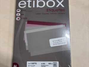 Boîte de 6500 étiquettes adhésives blanches Etibox – 38 x 21,2 mm – Coins droits