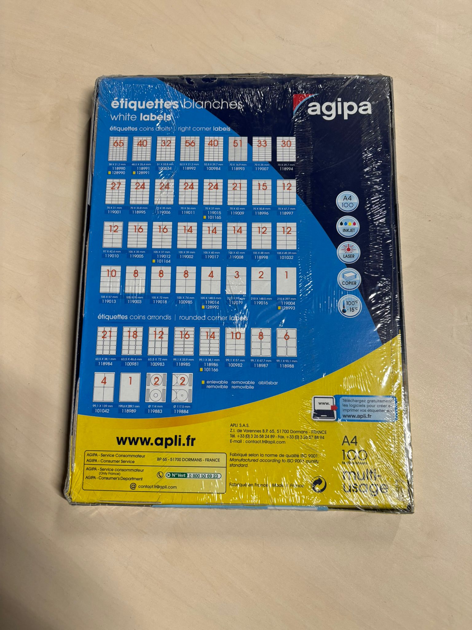 Pack de 100 feuilles d’étiquettes blanches AGIPA – 63,5 x 38,1 mm – Format A4