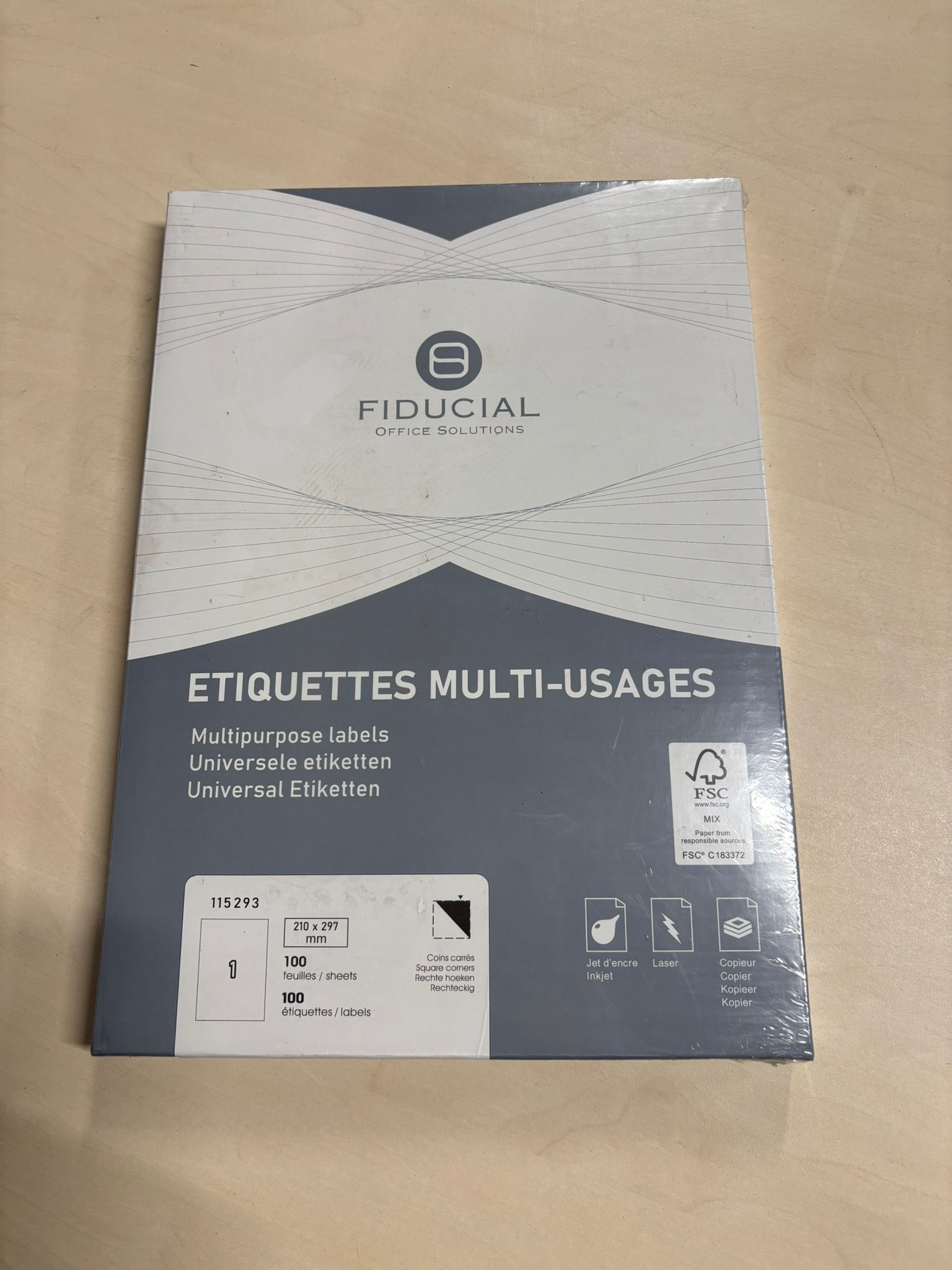 Pack de 100 feuilles d’étiquettes multi-usages Fiducial – 210 x 297 mm – Format A4