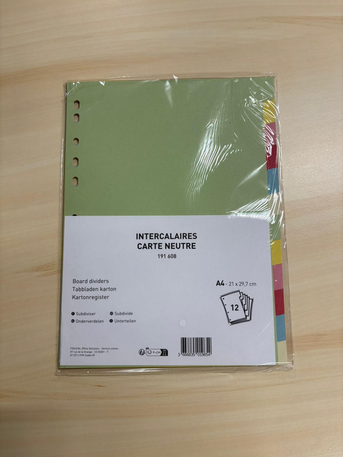 Intercalaires carte neutre Fiducial – A4 – 12 positions – Coloris assortis