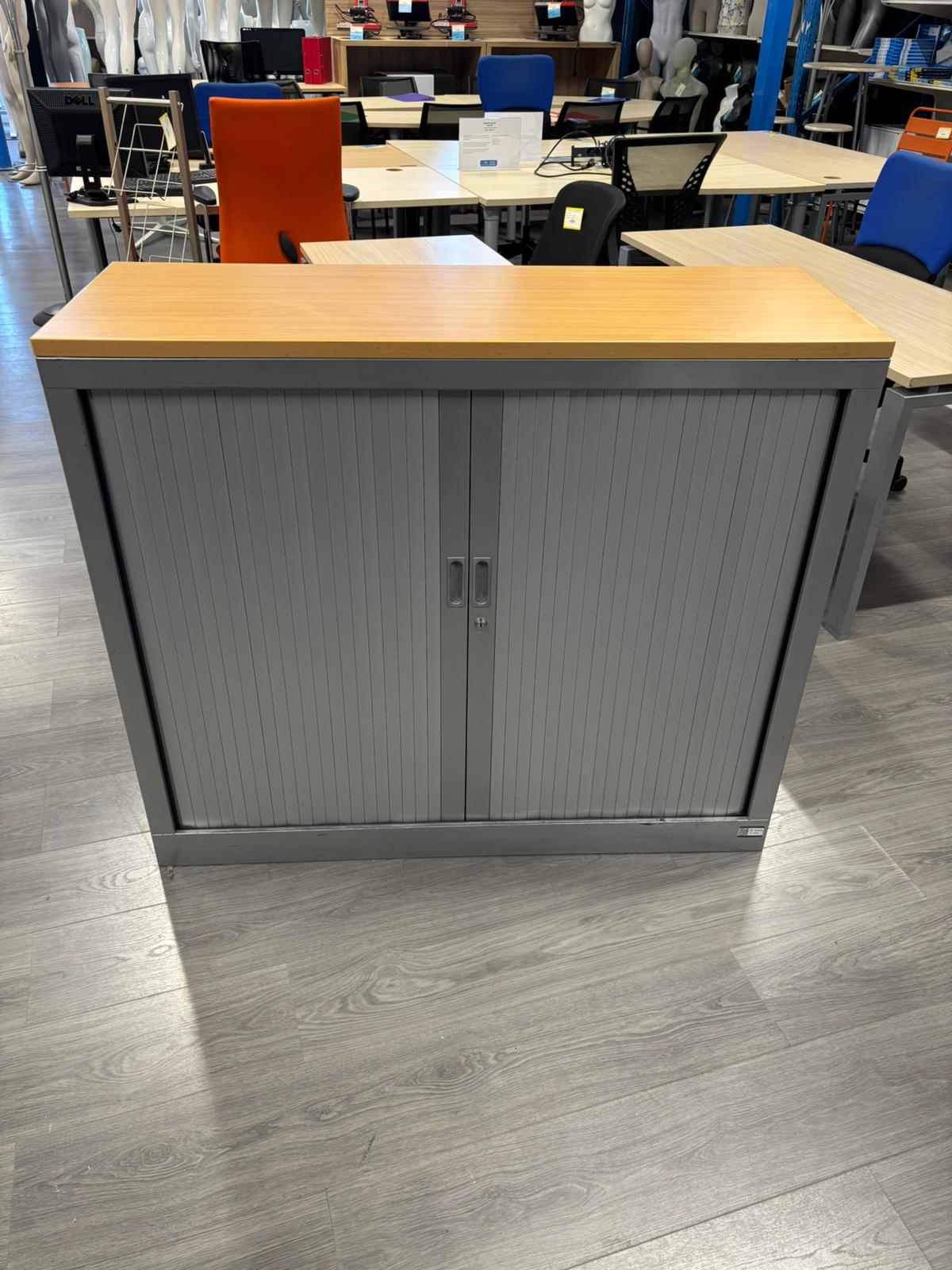 Armoire de bureau métallique sans clé avec plateau bois – L120 x l43 x H113 cm