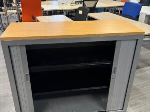 Armoire de bureau métallique sans clé avec plateau bois – L120 x l43 x H113 cm