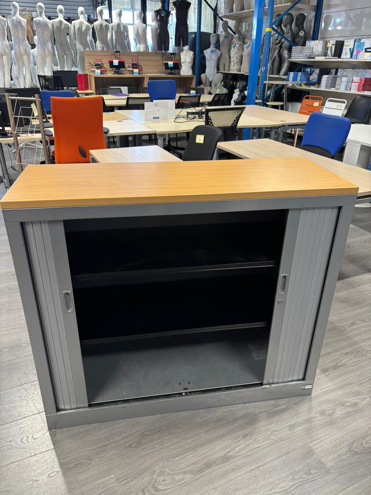 Armoire de bureau métallique sans clé avec plateau bois – L120 x l43 x H113 cm