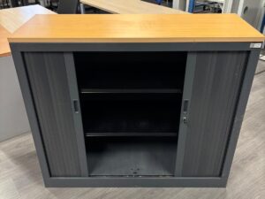 Armoire de bureau métallique avec clé et plateau bois – L120 x l43 x H102 cm