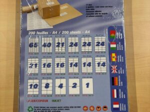 Étiquettes adhésives blanches Bruneau format A4 – 70 x 37 mm (lot de 200 feuilles)