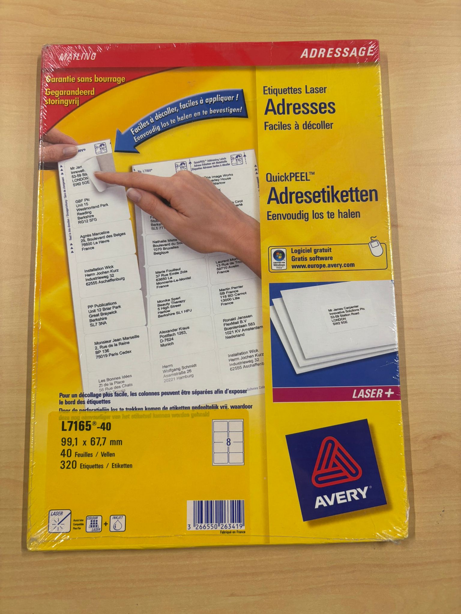 Étiquettes laser adresses Avery – 99,1 x 67,7 mm (lot de 40 / 320 étiquettes)