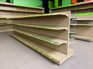 Lot de 4 gondoles centrales marron avec séparateurs – L6,32 m