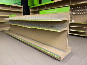 Lot de 4 gondoles centrales marron avec séparateurs – L6,32 m