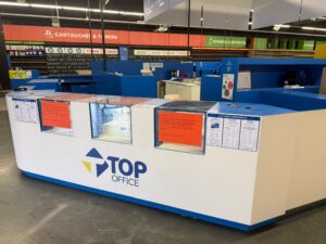 Comptoir vitrine bleu et blanc – L279 cm